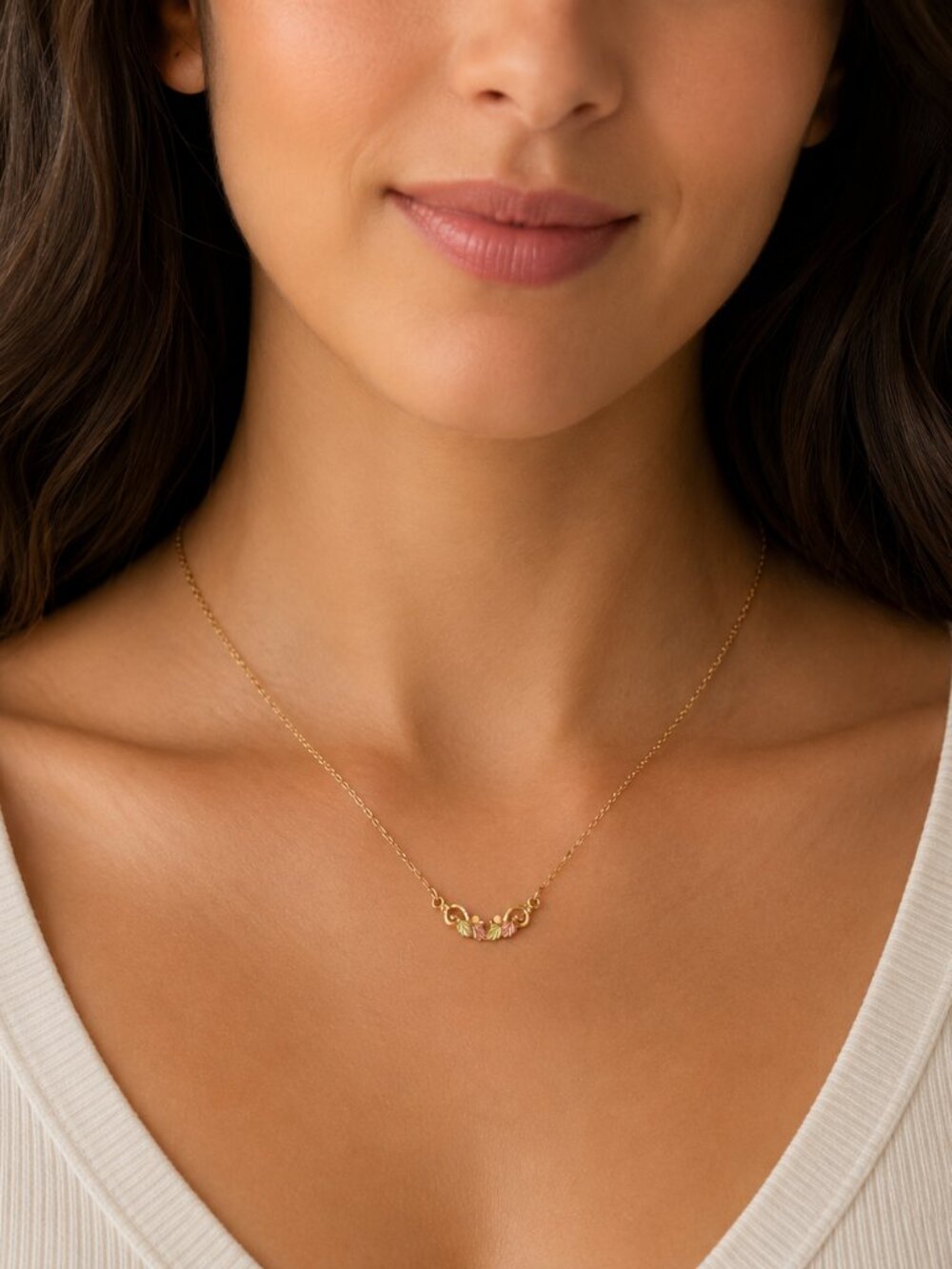 10k Tri-color Black Hills Gold Necklace with scroll design and leaves